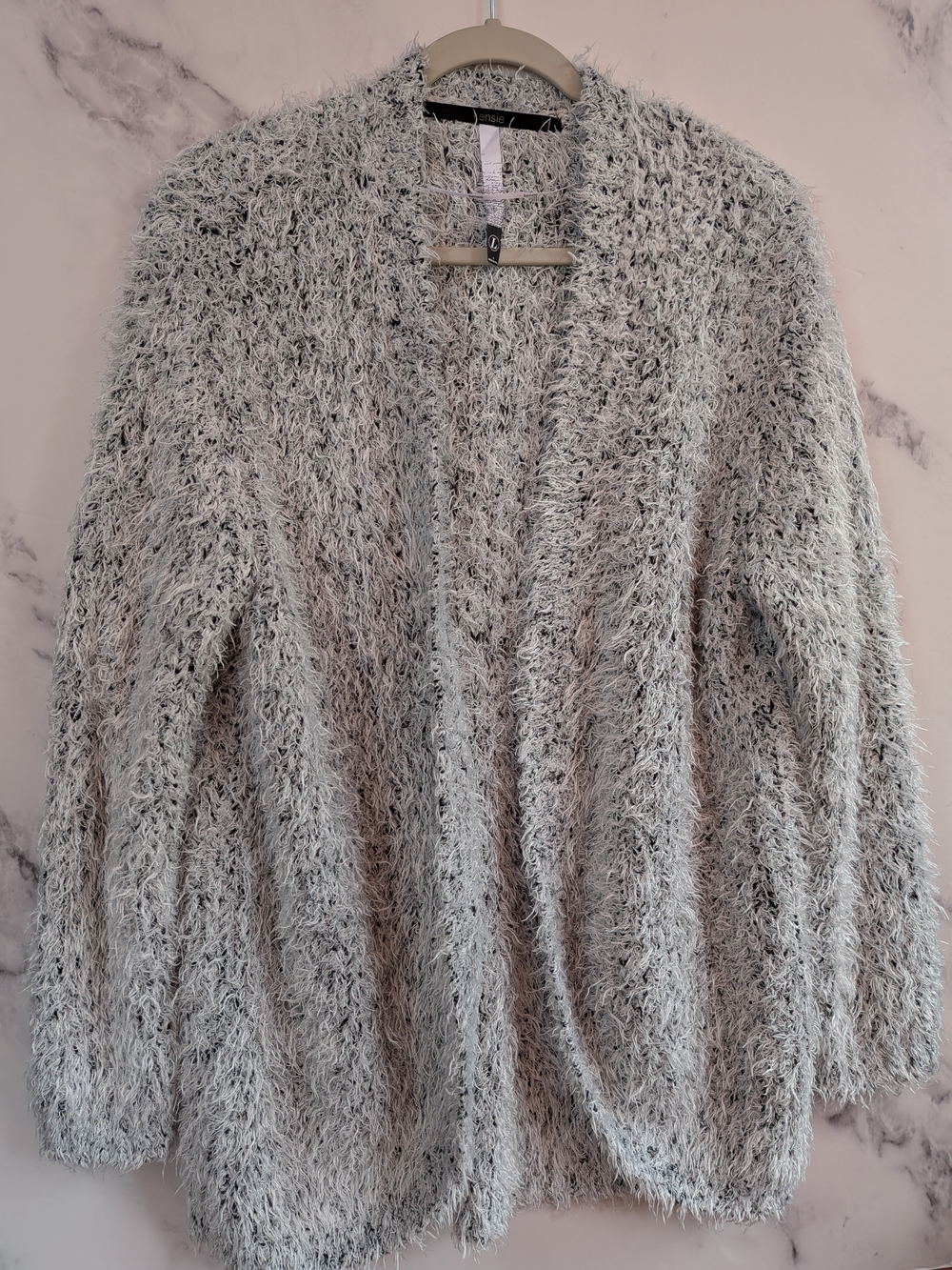 Gray Fuzzy Eyelash Knit Open Front Cardigan L Cozy Soft Girl